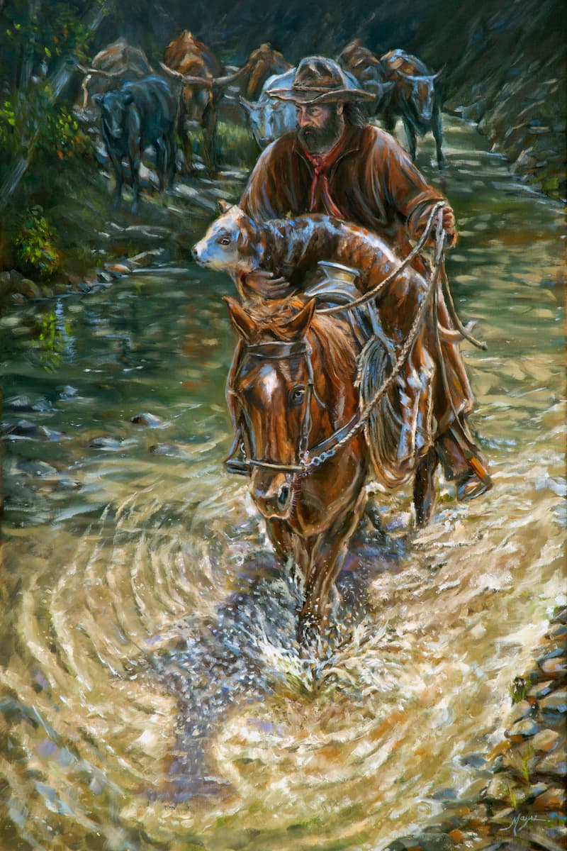 Painting of a cowboy riding a horse through a shallow river while carrying a calf, with a herd of cattle following behind in a wooded canyon