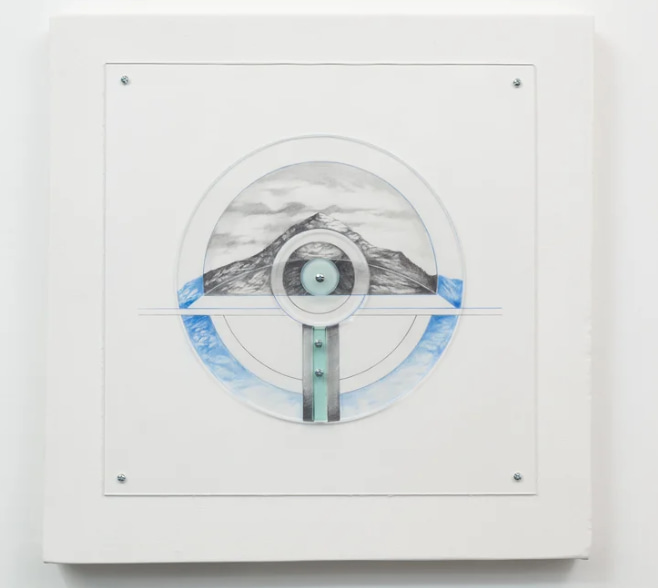 Mixed-media artwork featuring a circular design with a mountain landscape, blue water elements, and geometric lines on a white background