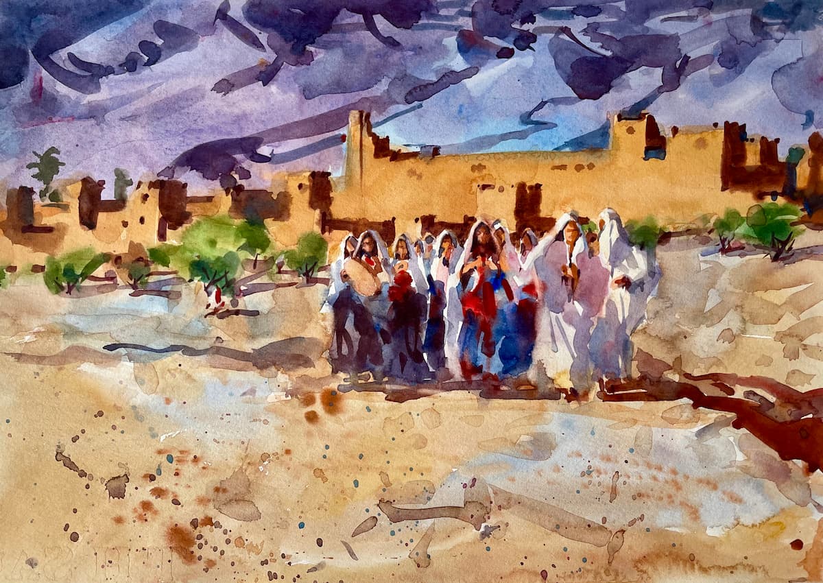 Watercolor painting of a group of figures walking away from a city, with green bushes, and a dark purple and blue sky