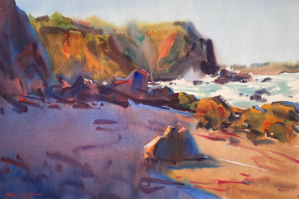 Watercolor painting of a rocky shore with bright splashes of color