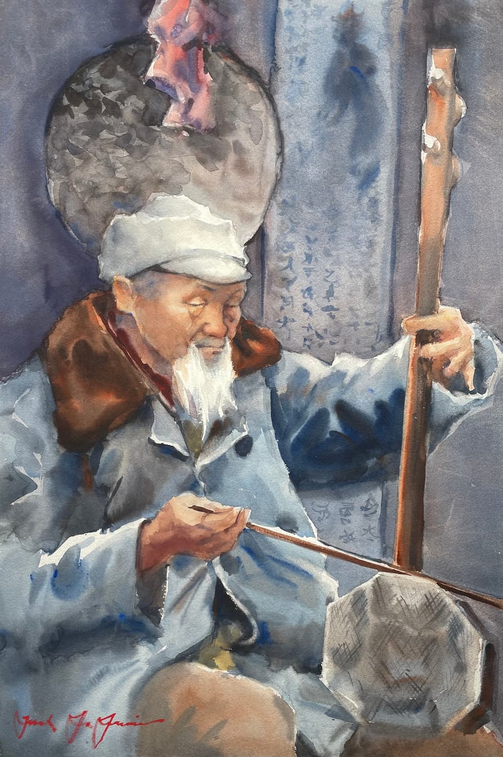 Watercolor painting of man with a white beard sitting down while playing a string instrument with a bow, wearing a blue coat and white hat