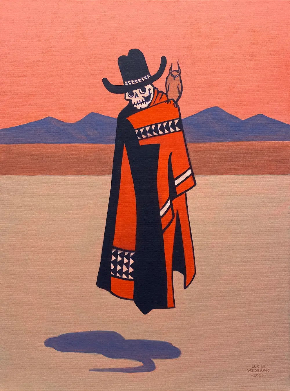 A skull wearing a cowboy hat and serape floating above the ground with an owl on its shoulder, in a desert landscape with dark mountains in the background