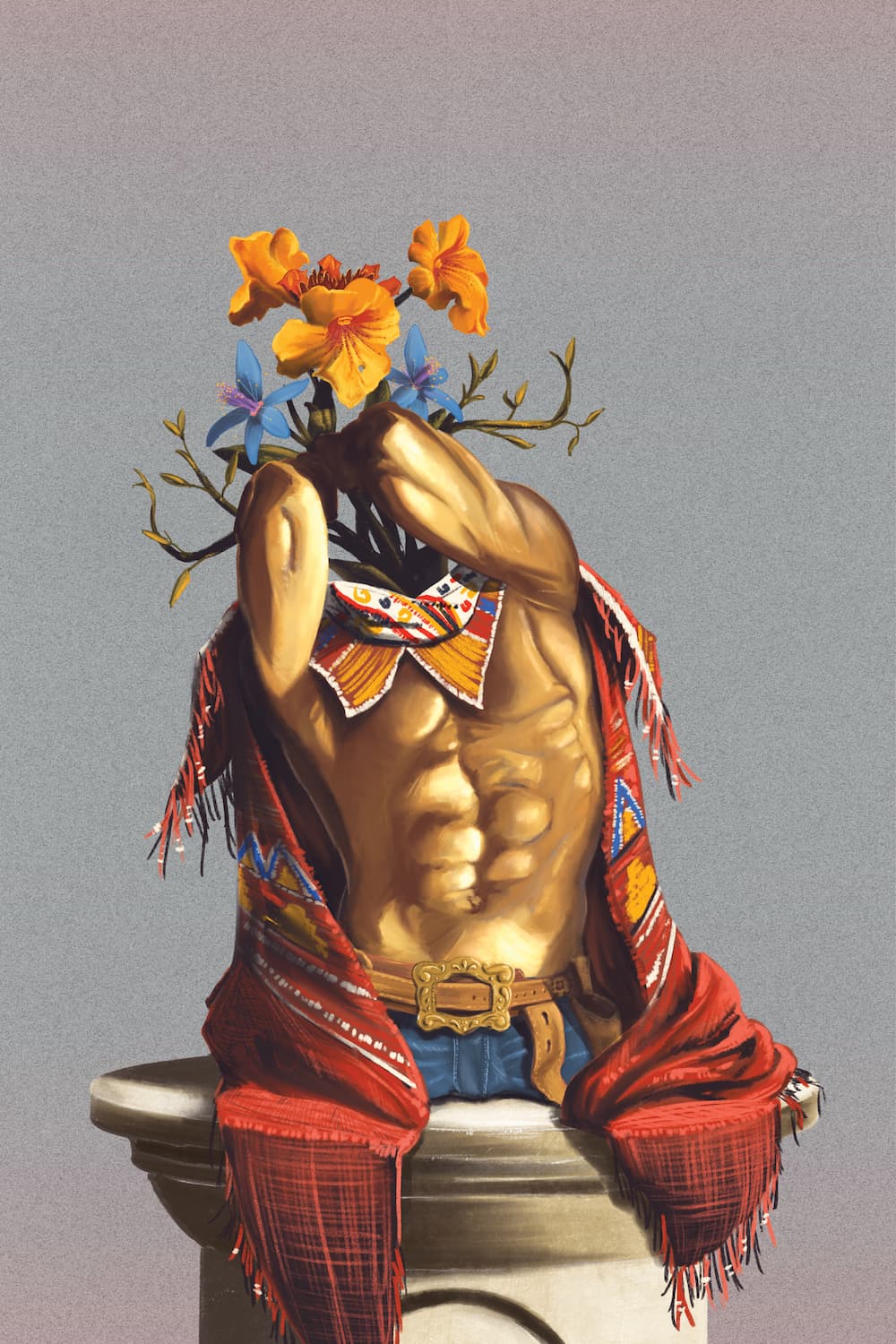 Original artwork by Craig Ludwick portraying a bust of a man with a golden body and flowers growing where his head should be.