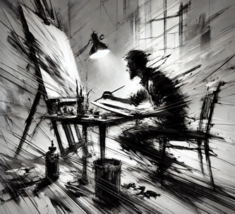 Stylized artist painting on an easle with paint flying everywhere.