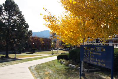 Historic buildings and Fisher's Peak in the distance on the Trinidad Campus.