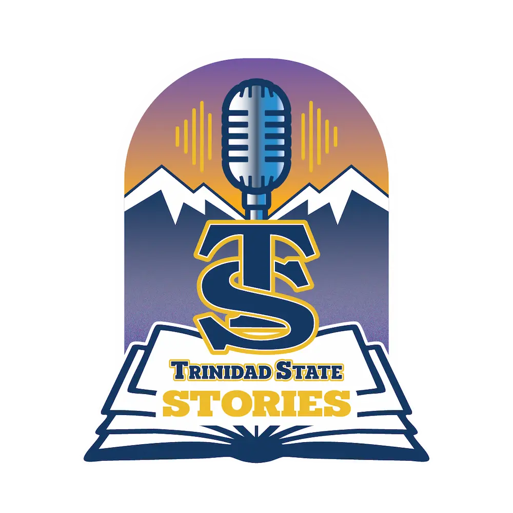 Trinidad State Stories Podcast flyer with snow-capped mountains and mic with waveforms